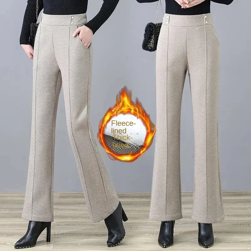 

Korean Warm Woolen Elegant Offcie Trousers New Winter Wool Blend Flare Pants Women Thicken Plush Lined High Waist Pantalones