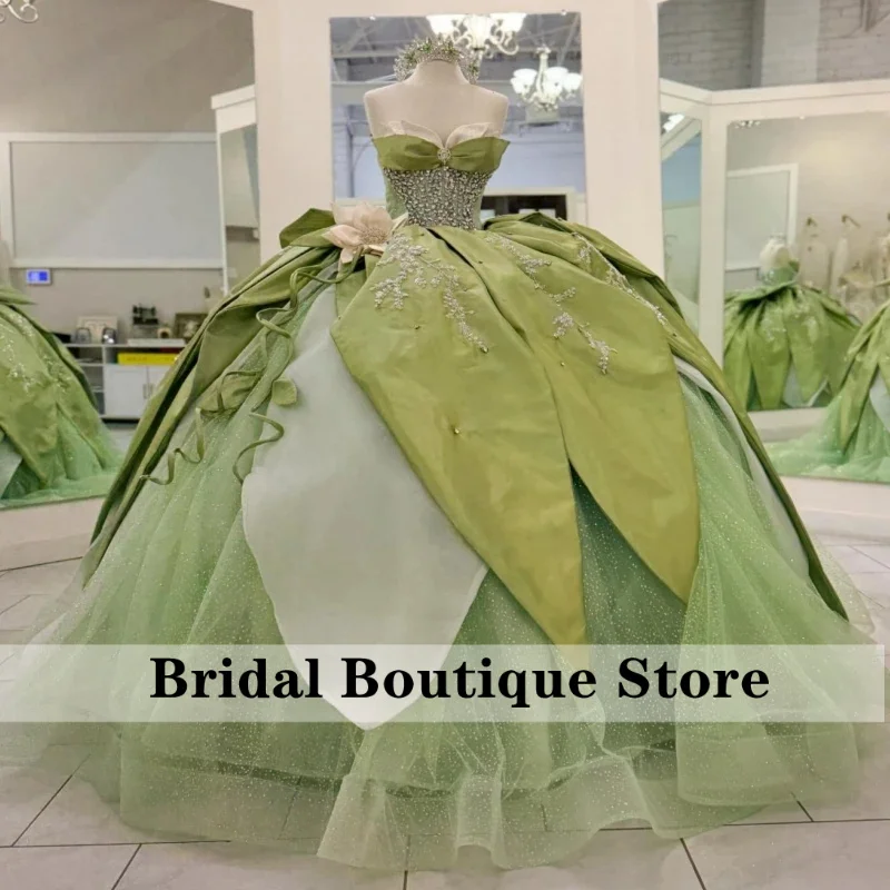

Green Shiny Off The Shoulder Applique Beading Crystal Bow Tull Corset Party Birthday Sweet 16 Dress Vestidos Customized