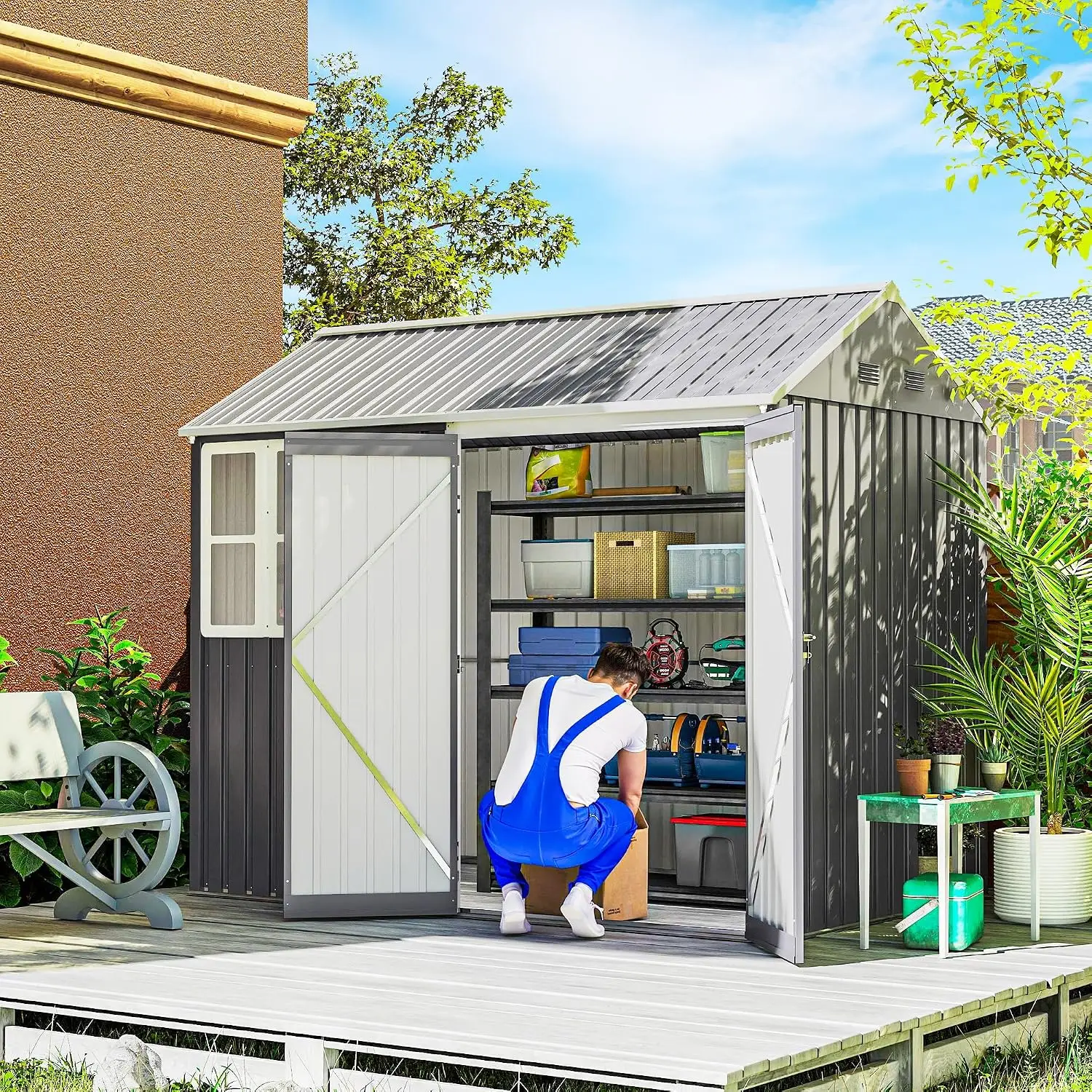8' x 5.5' Outdoor Storage Shed Metal Garden Shed Window Gray, Customized