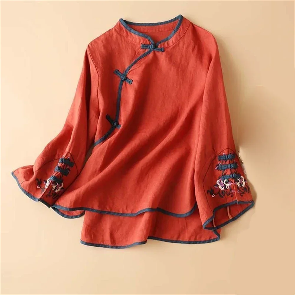 Women's Spring New Chinese Style Diagonal Lapel Knot Button Tops  Embroidery Loose Blouse Daily Shirt Girl Gift 1pcs