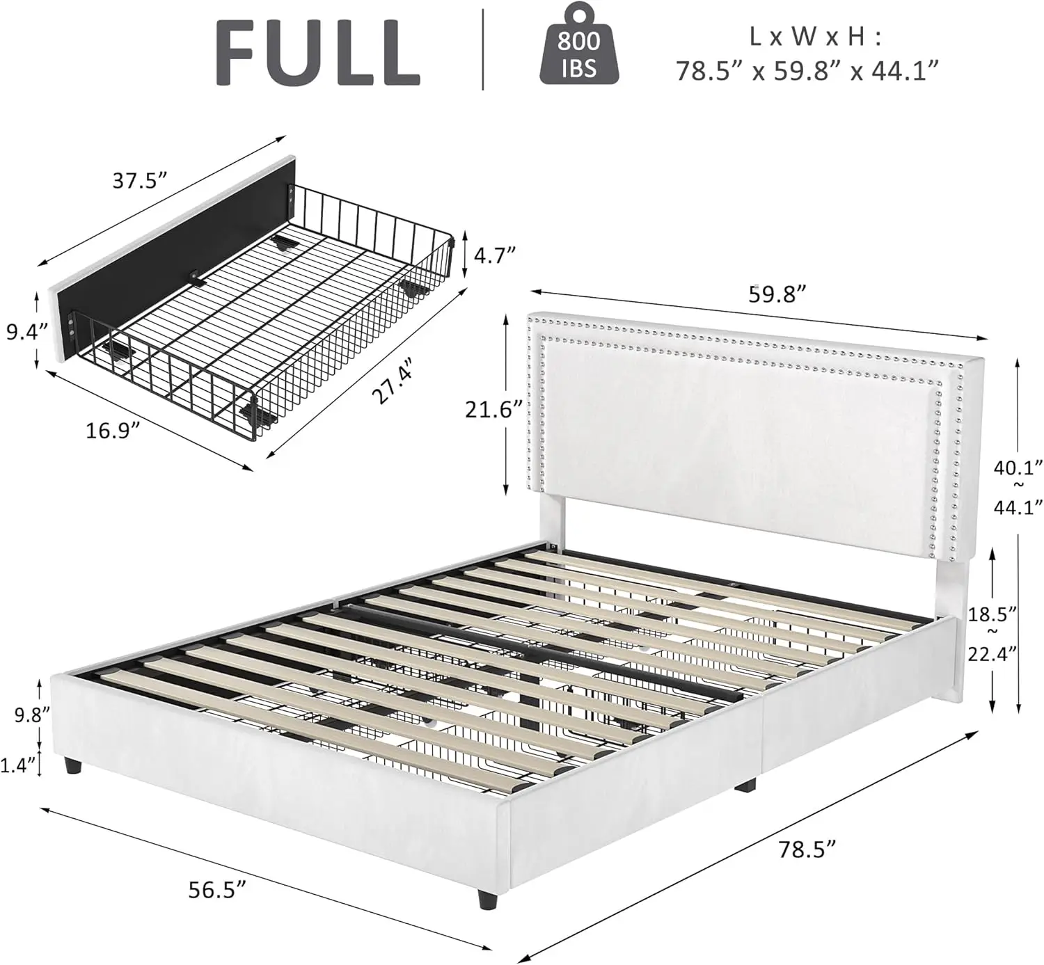 Size Upholstered Platform Bed Frame with 4 Storage Drawers, Adjustable Velvet Rivets Headboard, Wooden Slats Support, No Box Spr