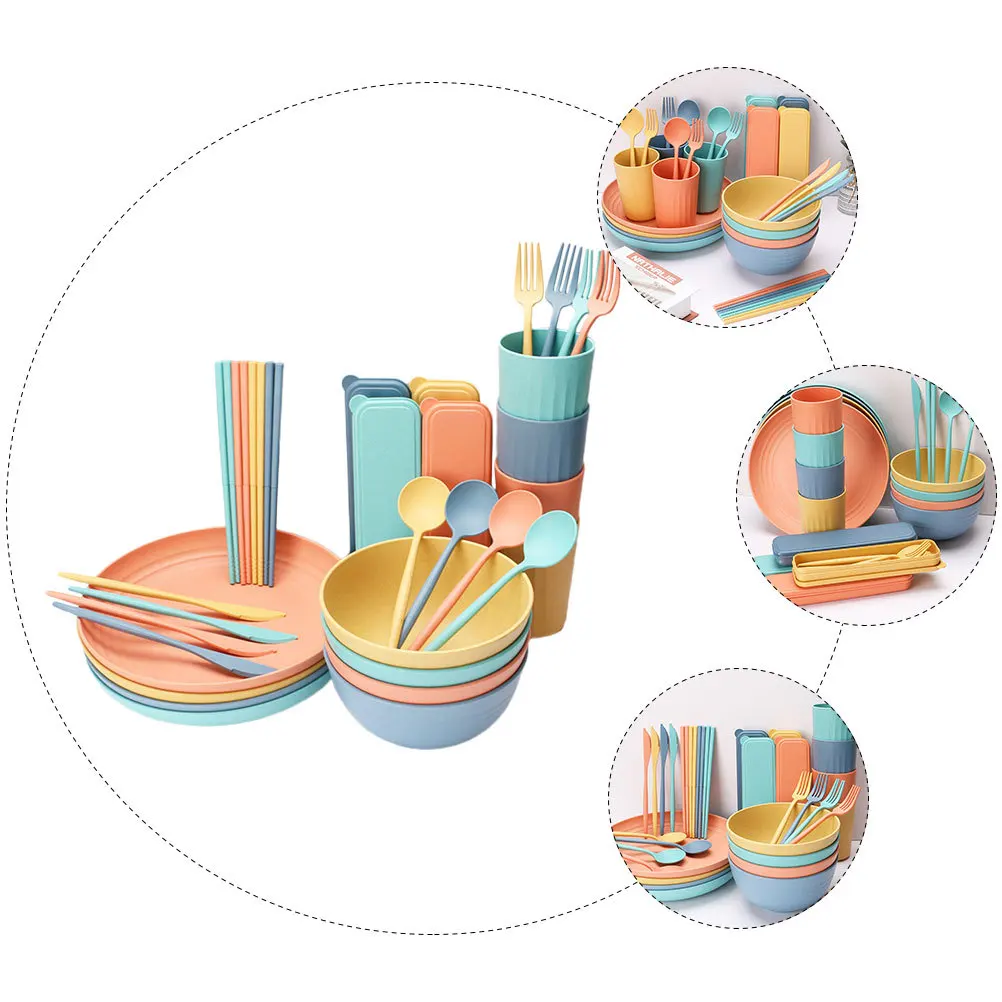

4Sets Household Wheat Straw Tableware Set Portable Kitchen Cutlery Bowls Cups Plates Forks for Home Wheat Straw Bowls