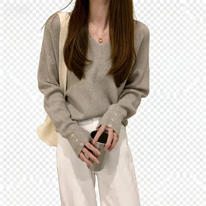 Women V Neck Ribbed Knit Top Button Cuff Loose Long Sleeve Pullover
