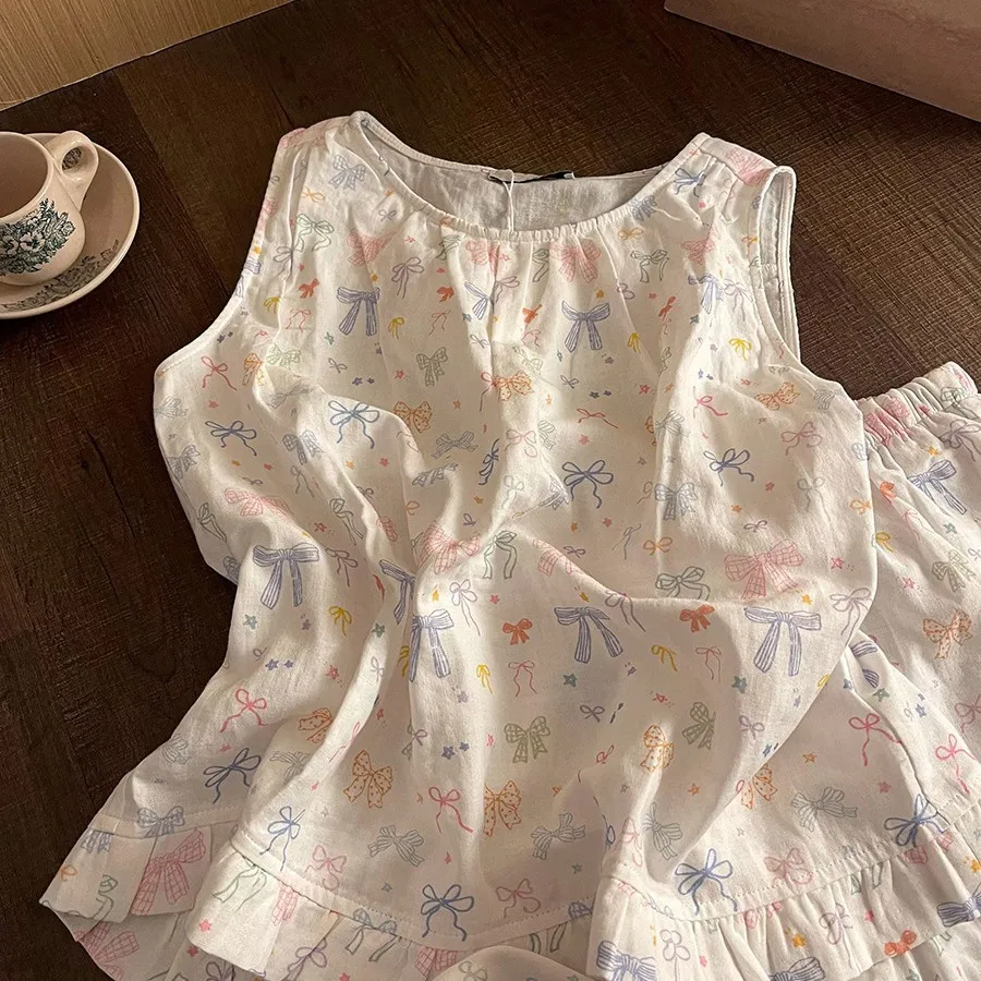 Korean Version Plus-Size Colorful Bow Print Sleeveless Pajamas for Women, New Summer Women's Clothing, Cute Shorts Set, Home Wea