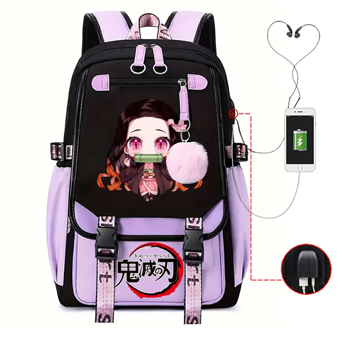 أنيمي كامادو Nezuko طباعة حقائب الظهر النساء الفتيات USB شحن أكياس سعة كبيرة الأطفال المراهقين الحقائب المدرسية أنيمي حقيبة الهدايا