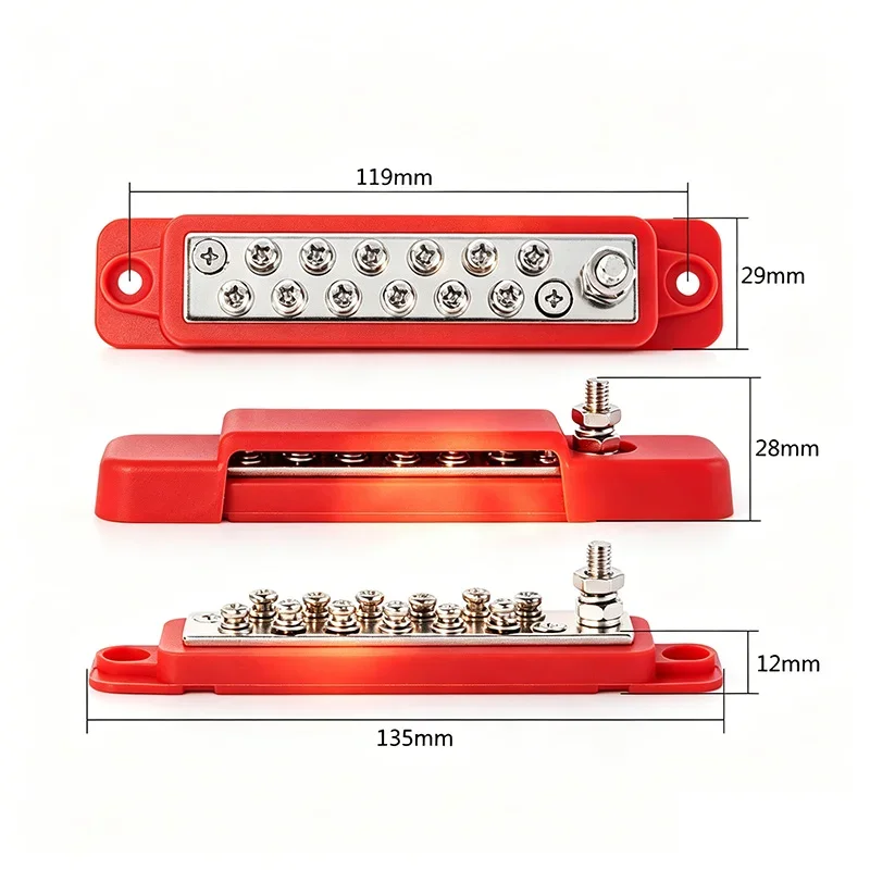 12-Way Car Modification Busbar for RV Yacht Multiple Junction Box 150A M6 Ship Wiring Studs Stainless Steel Circuit Installation