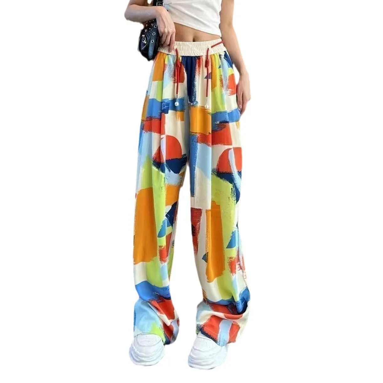 

Летние тонкие повседневные брюки-палаццо с принтом в дофаминовых цветах, с высокой талией, больших размеров, для женщин