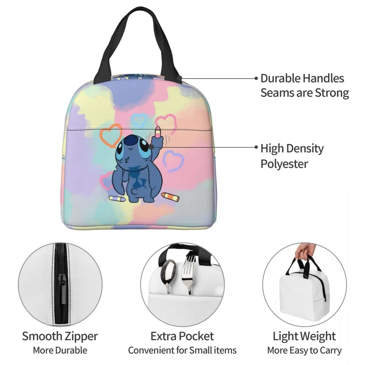 Lilo e Stitch Lunch Bag Isolado, Saco térmico reutilizável bonito, Tote portátil, Lancheira, Sacos De Armazenamento De Alimentos, Piquenique da faculdade