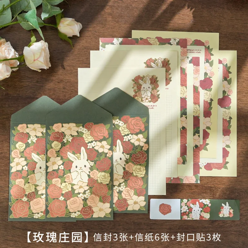 9Pcs Korean Cute Bear Rabbit Envelope Writing Paper Set