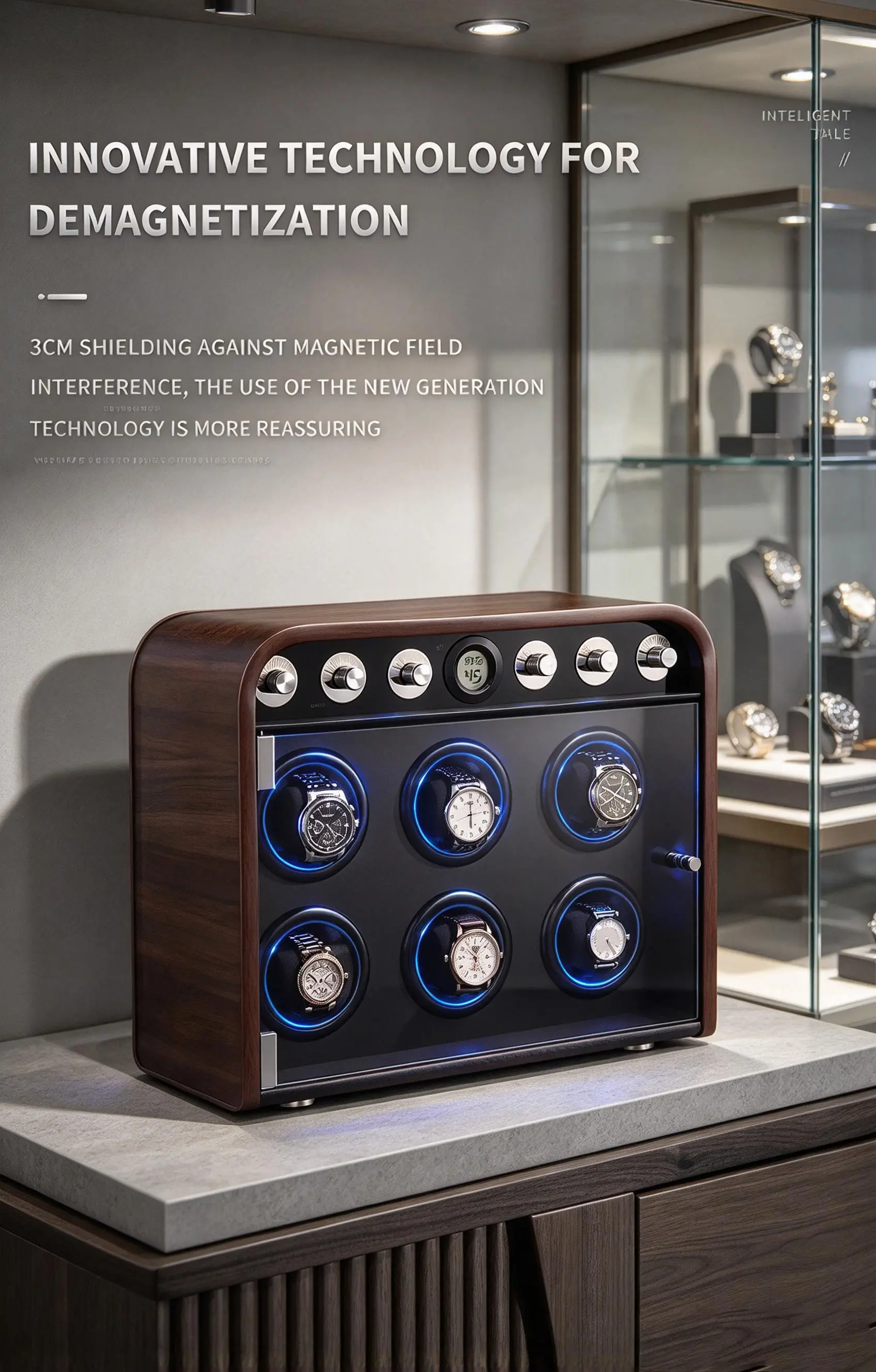 IBBETON Luxurious Automatic Watch Winder Retro Wooden Texture Blue LED Light Mute Motor Shaker Automatic Watch Box