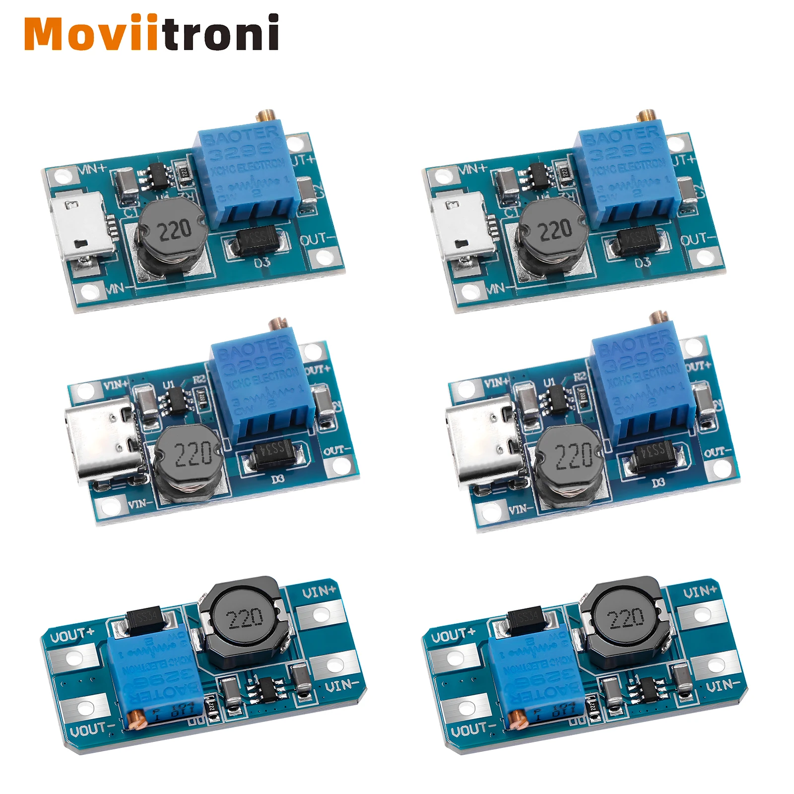 5pcs MT3608 DC-DC Adjustable Boost Module 2A Boost Plate Step Up Module Converter with MICRO USB/Type C I 2V-24V to O 5V-28V