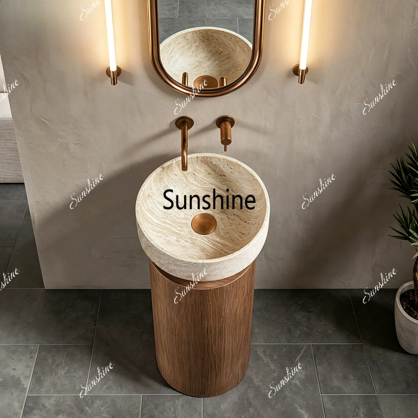 Wabi sandy wind wash basin integrated floor-to-ceiling travertine pillar basin