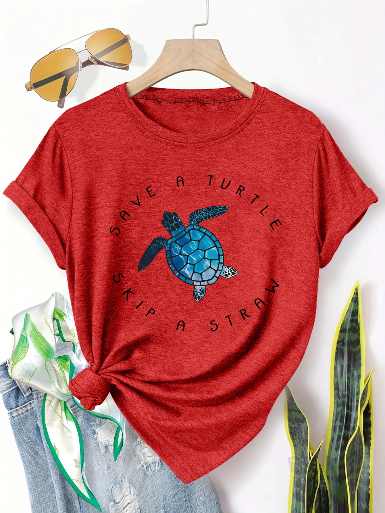 

Plus size women's short sleeve T-shirt Save A Turtle Skip A Straw soft and comfortable fabric summer outfits women's clothing