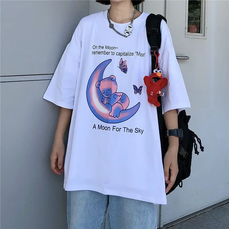 2022 الصيف Kawaii Y2k المرأة تي شيرت القمر الدب تي شيرت مطبوع تي شيرت على طراز هاراجوكو قصيرة لطيف الأكمام تي شيرت فتاة القوطية المحاصيل