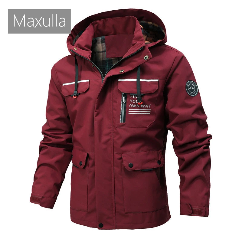 Maxulla Men's Lightweight Bomber Jacket Casual Outdoor Windbreaker Mutil Pocket Hooded Coats Waterproof Sportwear Jacket Men 6XL