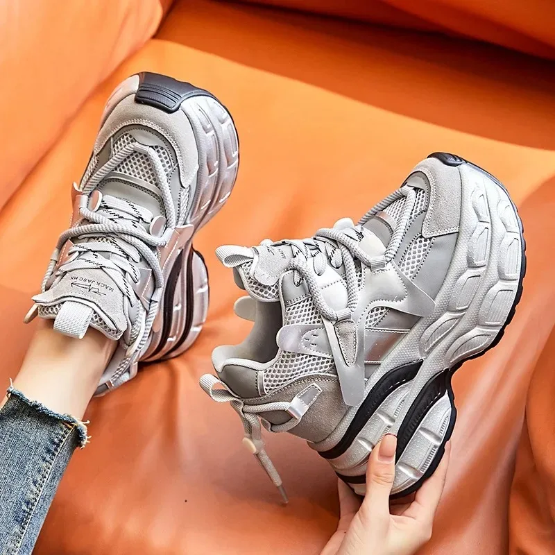 

Heel Women Real Genuine Leather Spring Autumn Platform Hidden Heels Wedges Fashion Sneakers Lady Block Color Shoes