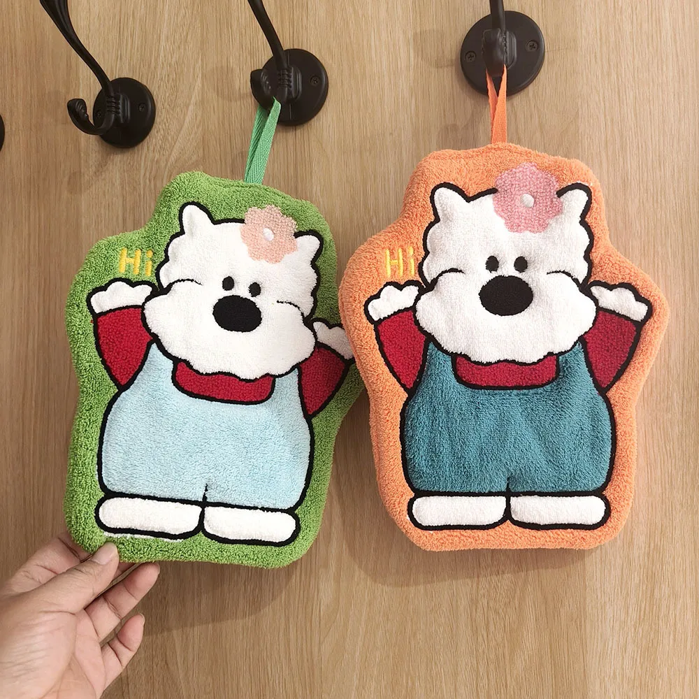 Cute Cartoon Dog Hanging Hand Towel Coral Velvet Absorbent Wipe Cloth Bathroom Kitchen Cleaning Towel