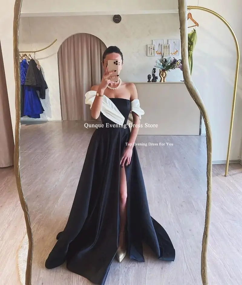 Qunque A-line Black And White Prom Dresses Sexy High Slit Long Party Dresses Robes De Soirée Special Occasion Dresses Customized