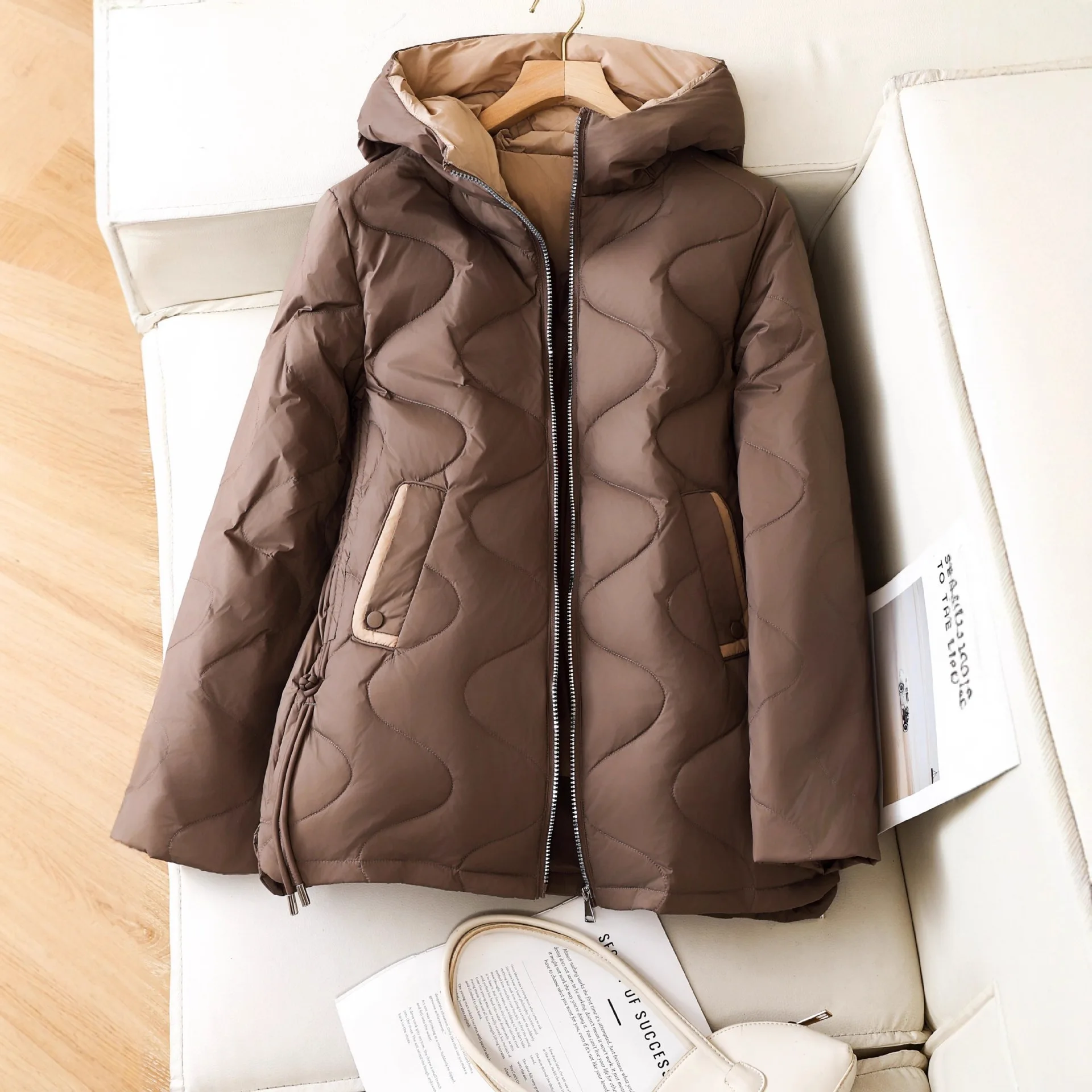 

Slim Fit Lightweight down Jaet Women's Mid-Length plus Size Outerwear Ele Sle Detachable Hood Knitted Fabric Du dow...