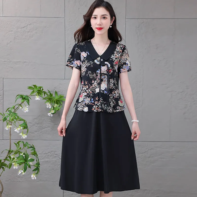 

Summer Clothes for Women Fashion Splice Fake Two Pieces V-Neck Printing Short Sleeve Vintage A-line Middle Length Dresses