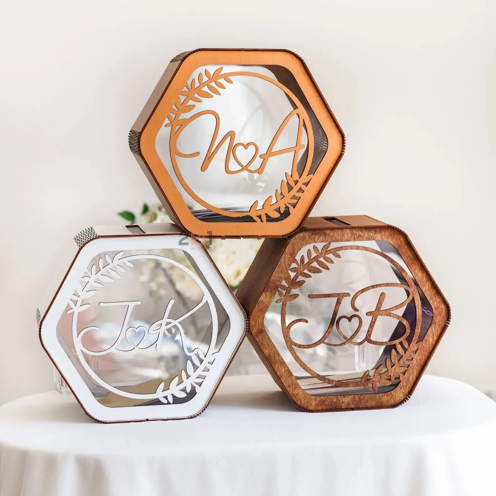 Boîte à cartes hexagonale de mariage, boîte à cartes et d'argent, boîte aux lettres de mariage, boîte à cartes personnalisée, boîte à cartes pour mariage, récipient en bois
