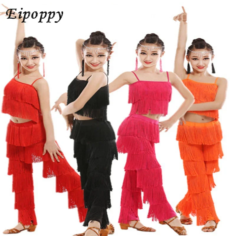 

Latin Dance Dress For Kids Girls Adult Ballroom Tassel Fringe Tops Pants Salsa Samba Costume Children Dance Competition Costume