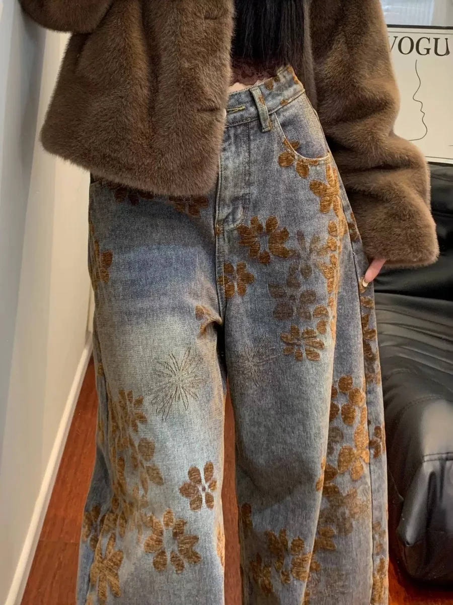 American Retro Floral Print Loose Jeans Women's Wide Leg Denim Pants Autumn Winter Plus Size Slimming Floor-Length Trousers