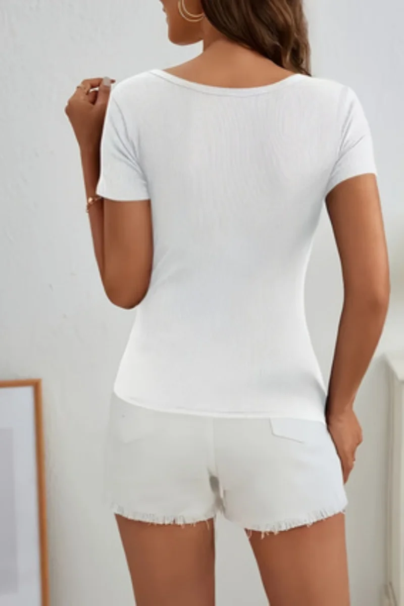 Ladies' fashionable buckle shoulder slim fit versatile T-shirt
