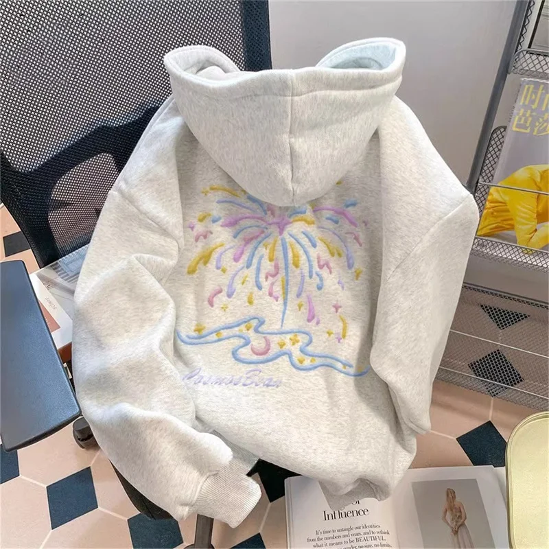 JHJN Winter Woman Hoodies Loose-Fit Tops Casual Hooded Sweatshirt Thickened Fleece Letter Fireworks Print Pullovers With Pocket