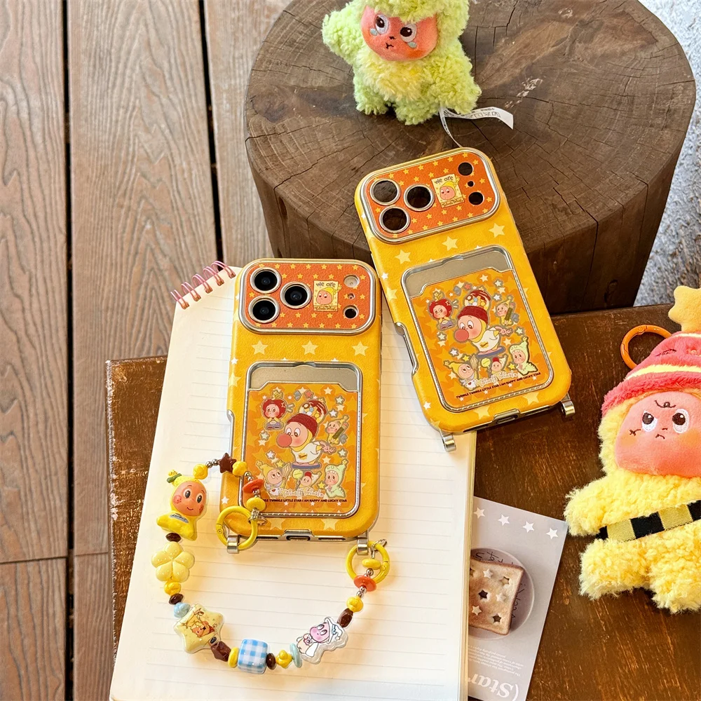 

Kawaii Cartoon Star with 3D Hand Rope Phone Case for iPhone 17 Pro Max 14 Pro 15 16 Fundas with Card Holder Fashion Cases Cover