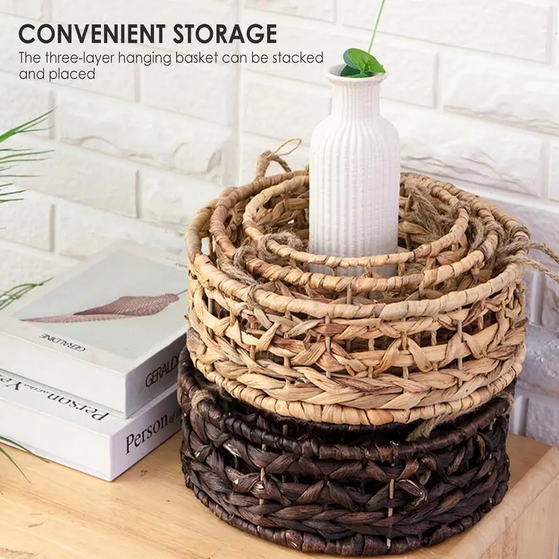 3 Tier Woven Wall Hanging Fruit Basket Home Kitchen Metal Vegetable Storage Organizer Hanging Plant Pot For Home Kitchen Garden