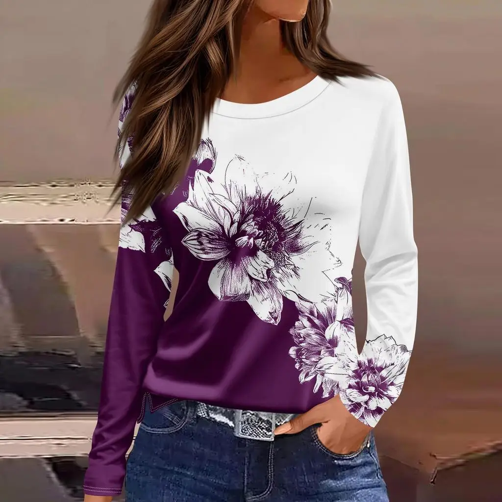 

Women's T-shirt 3D floral solid color printing fashion long sleeve round neck regular top holiday weekend spring and autumn
