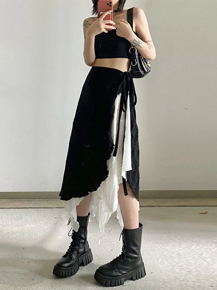 Women Harajuku Y2k Mid-Long Skirts Irregular Spliced Streetwear Vintage Design Mori Girl Gyaru Aesthetic Party Korean Fashion