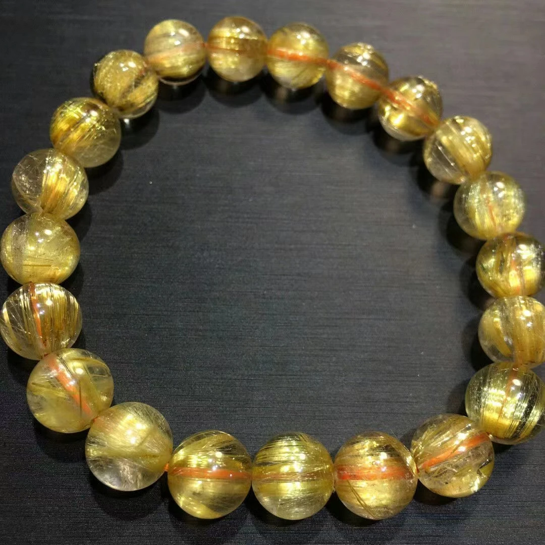 Natural Gold Rutilated Quartz Titanium beads Bracelet 9.5mm Wealthy Woman Men Clear Round Beads Jewelry From Brazil AAAAAAA