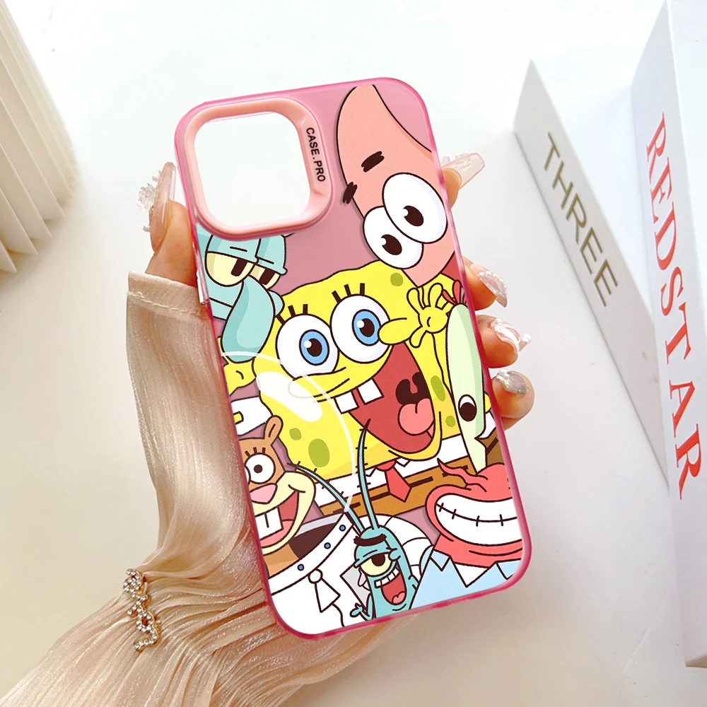 Cartoon Cute SpongeBobs Phone Case for IPhone 13 12 11 15 14 Pro Max Plus Lens Creative Border Silver Plated Inside Hard TPU