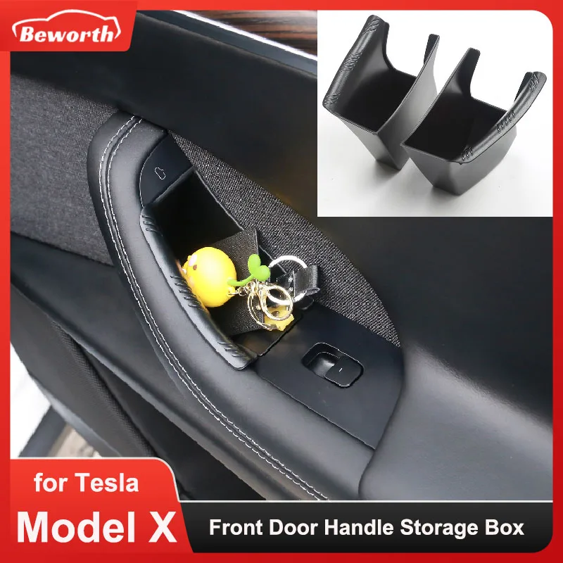 For Tesla Model X Front Door Handle Storage Box Key Card Phone Glasses ABS Tray Hidden Organizer ModelX Car Interior Accessories