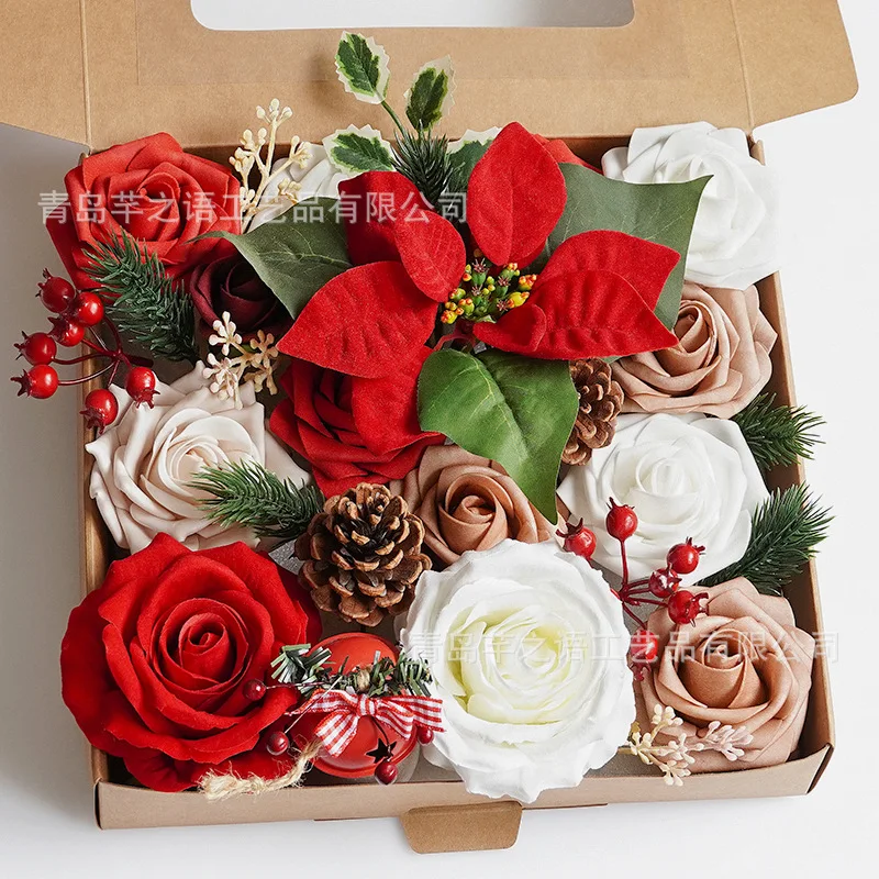 

Christmas Gift Box Flower Christmas Decoration Simulation Flower Head with Rod DIY Hand Bouquet Atmosphere Decoration Props