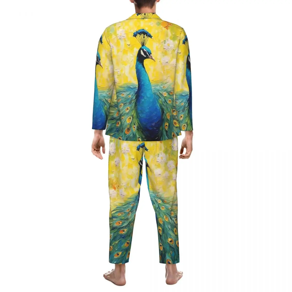 Pintura pavão com cauda azul conjunto de pijama outono confortável lazer pijamas masculino duas peças vintage oversized personalizado pijamas