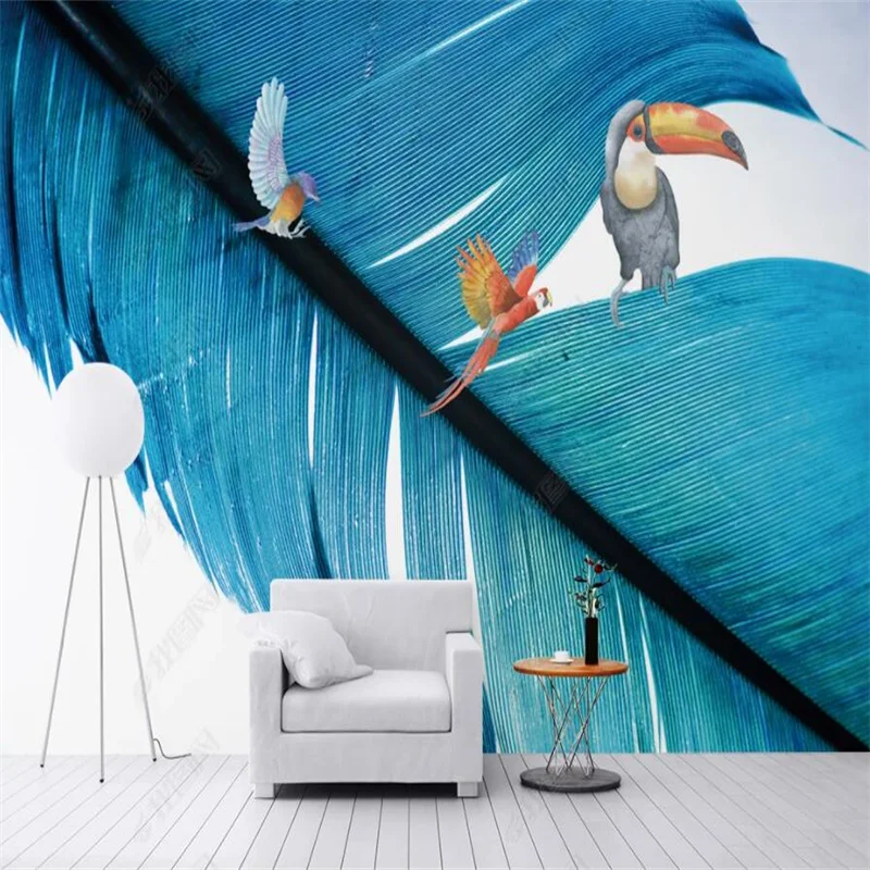 Modern Minimalist Blue Feather Parrot Custom Mural Home Decor 3D Photo Wall Paper Bedroom Decor Wallpaper Papel De Parede 3D