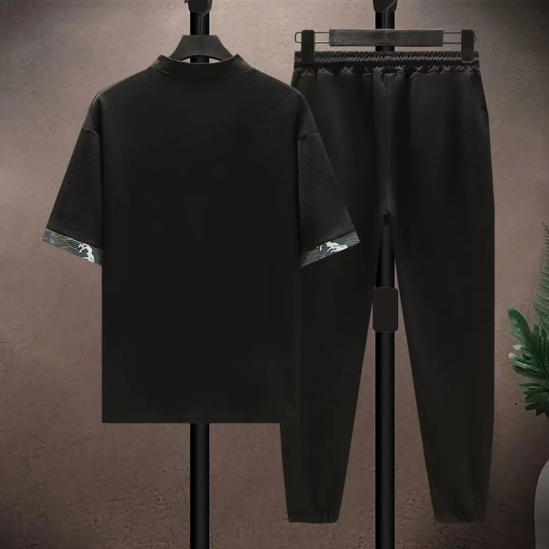 صيف جديد موضة الاتجاه قصيرة الأكمام تي شيرت السراويل الطويلة مجموعة الرجال الرياضة فضفاضة تنفس النمط الصيني قطعتين مجموعة