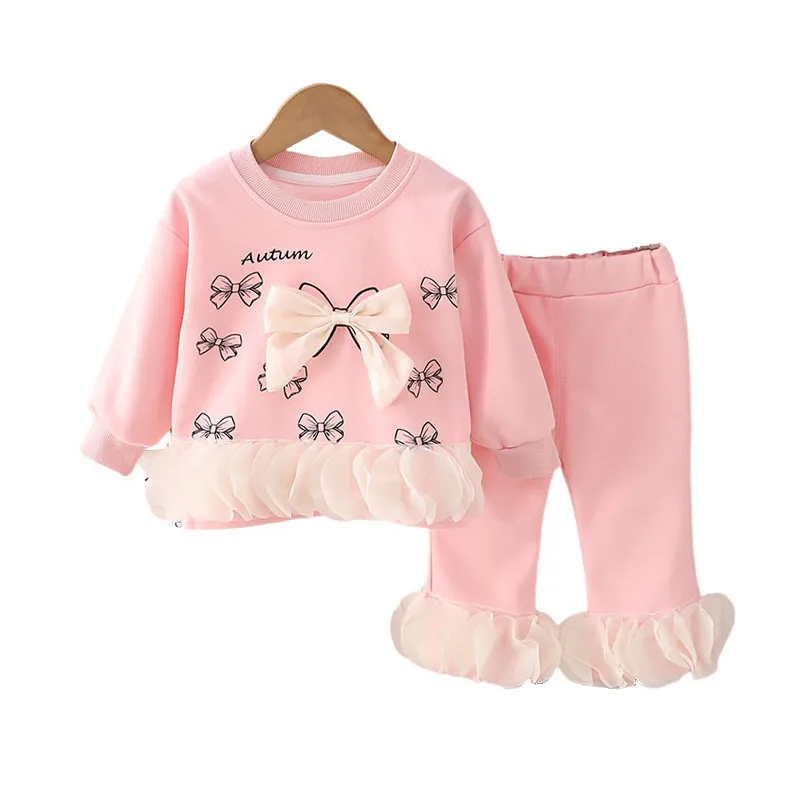 

Fall Baby Girls Designer Luxury Clothes Christmans Outfits for Girl Butterfly Bow Printed Long Sleeve Hoodies and Pants Kids Set