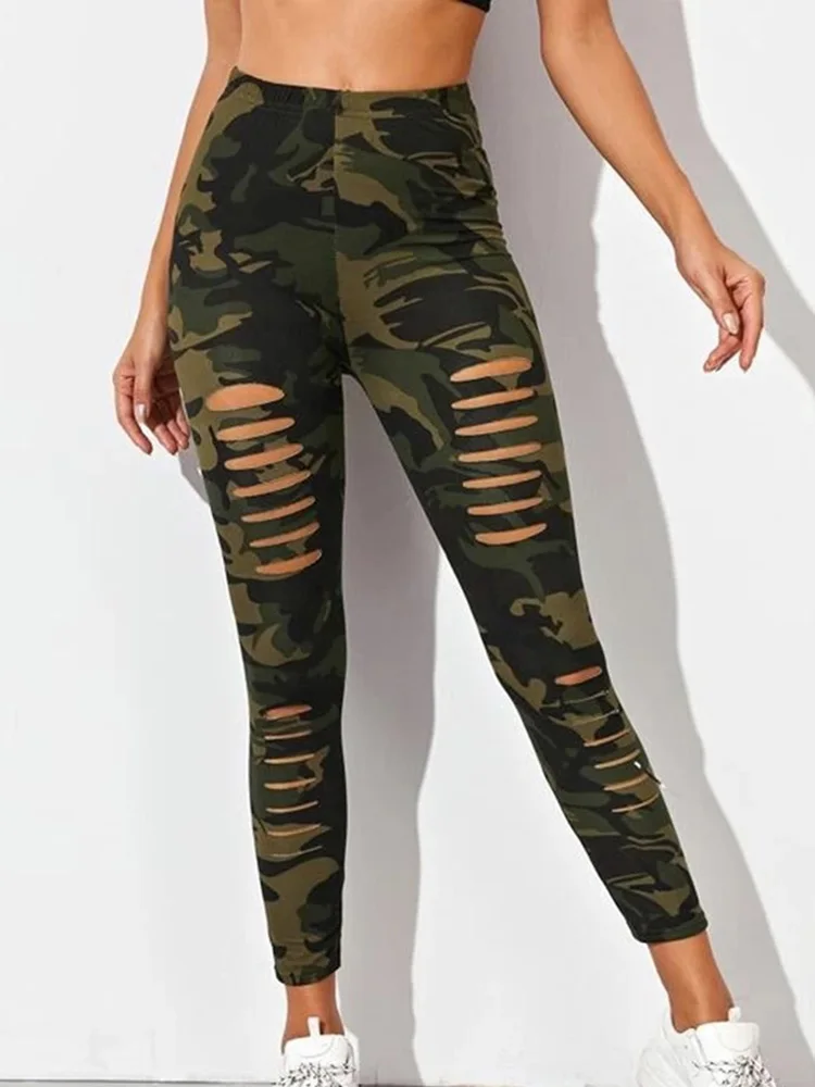 Summer Camouflage Printed Leggings Women Cutout Ripped Slim Stretch Trousers Army Green Leggins Sexy Pants