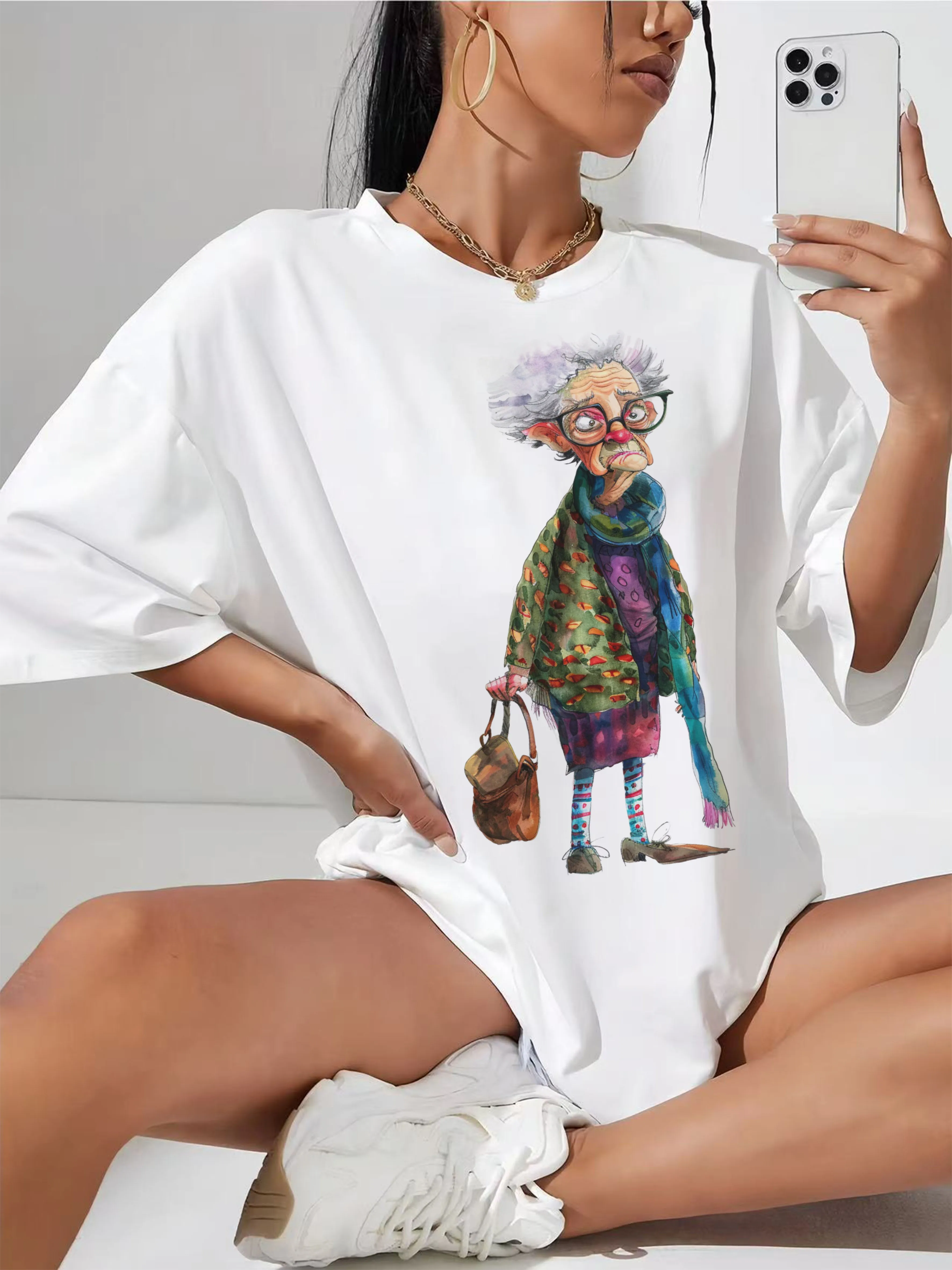 

Белая свободная футболка Quirky-Whimsical-Crazy-Grandma-Clipart, мягкая, удобная, стильная для летних после родов
