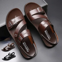 Fashion Sandals Male Solid Color PU Leather Men Shoes Summer Comfortable Open Toe Leather Mens Sandals Beach Leather Footwear