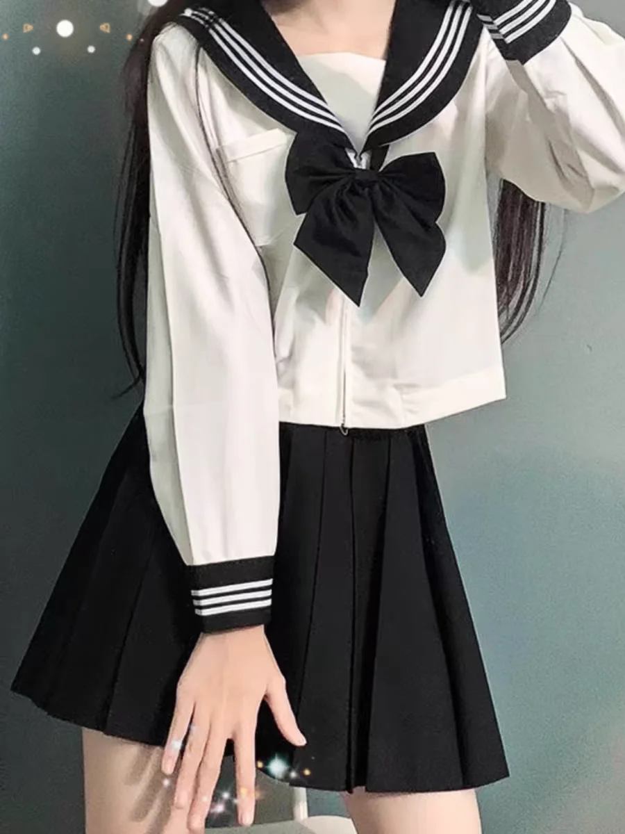 Basic JK Black Collar White Lines School Uniform Girl Sailor Suits Pleated Skirt Japanese Style Clothes Anime COS Costumes Women