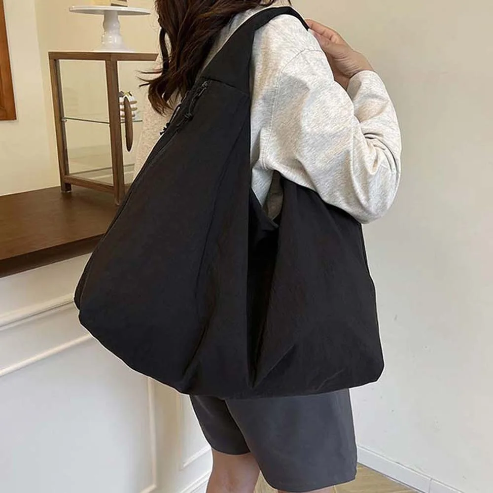 

Casual Nylon Shoulder Bag Double Zipper Design Multi-Pocket Large Capacity Tote Bag Soft Polyester Storage Pouch School