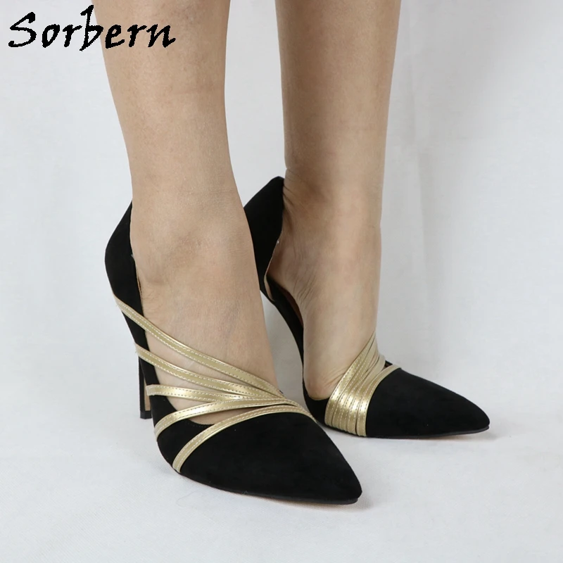 Sorbern Black Women Pump Shoes Light Gold Multi Thin Straps Pointed Tie High Heel Stilettos Night Club Footwear Ol Shoe Custom