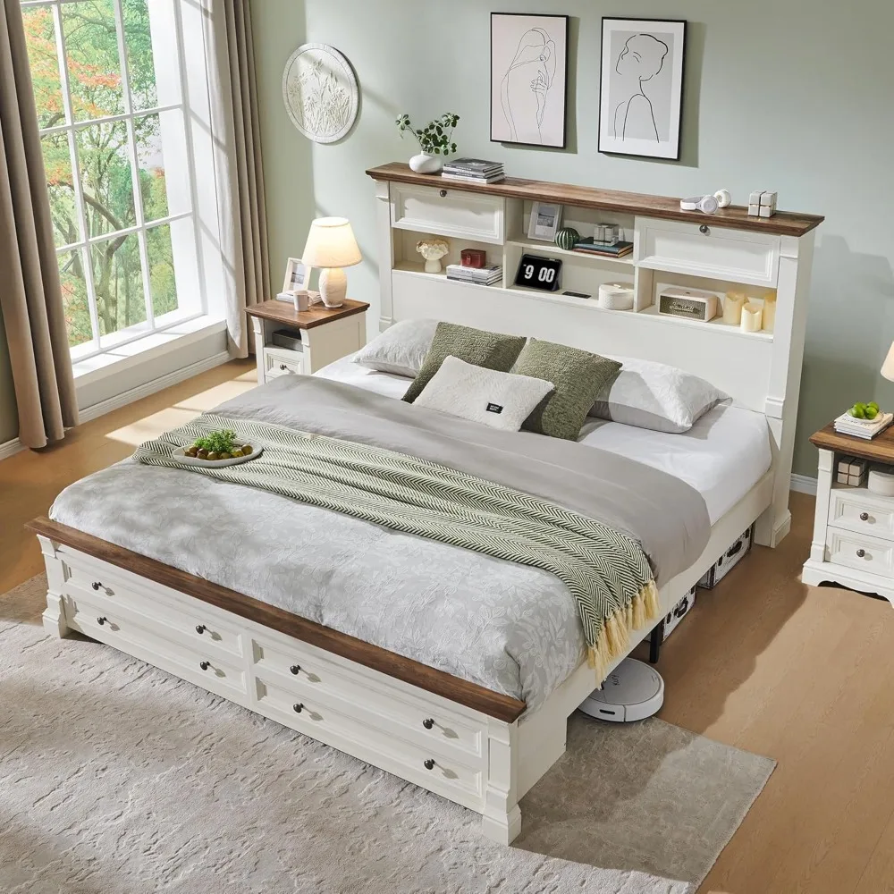 

Queen Size Wood Bed Frame with Storage Bookcase Headboard and Drawers