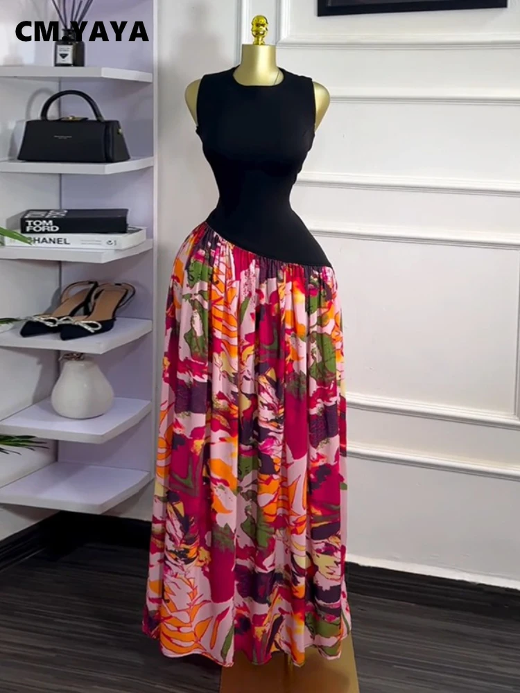 CM.YAYA mujeres sin mangas con fajas estampado Patchwork tanque largo Maxi vestido 2025 cumpleaños noche Sexy Vestidos de fiesta