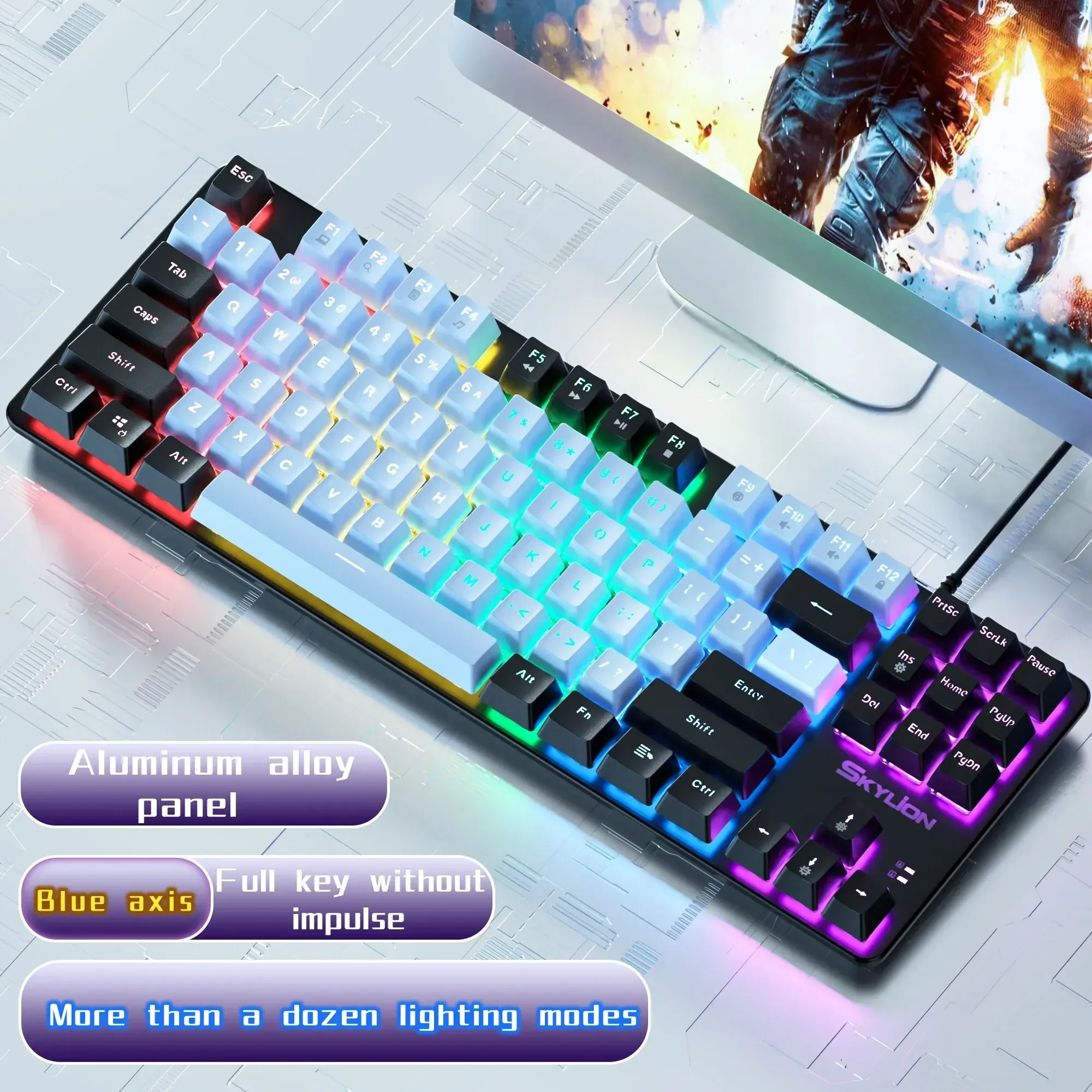 Teclado mecánico con cable H87, 10 tipos de iluminación colorida para juegos y oficina para sistema Windows